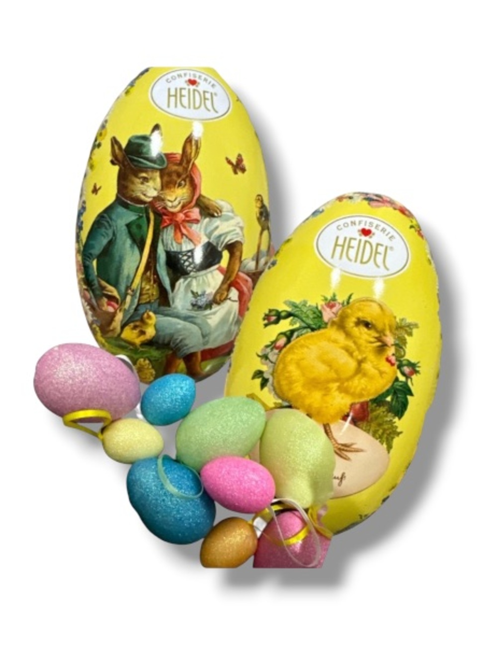 Confiserie Heidel German Vintage Easter Egg Tin Bundle with Glitter Eggs Decor